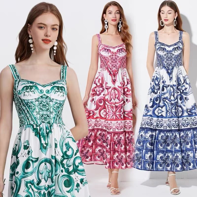Embroidery H&M - ผู้หญิงคอวีสีแดงสีฟ้าและสีขาวพิมพ์สปาเก็ตตี้ Maxi ชุดเดรสฤดูร้อนรันเวย์พิมพ์ดอกไม้วันหยุดเสื้อคลุมยาว