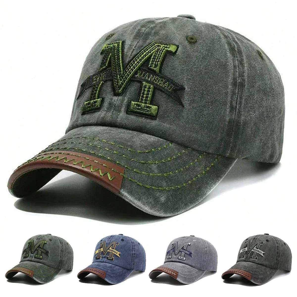 Embroidery Letter M - หมวกเบสบอลปักลายตัวอักษร M แบบ unisex สำหรับฤดูใบไม้ผลิและฤดูใบไม้ร่วง หมวกกันแดดกลางแจ้ง