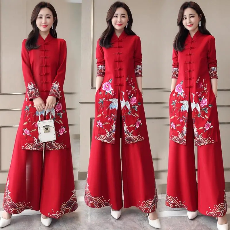 Embroidery Youtube - ยาวสไตล์ชาติพันธุ์ Cheongsam ชุดฤดูใบไม้ผลิและฤดูใบไม้ร่วงรู้สึกกางเกงขากว้าง MOM Retro Slim