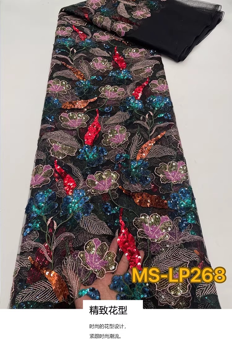 Embroidery Abaya - ผ้าตาข่ายเนื้อนุ่มแบบใหม่ 1 หลา ผ้าปักลายดอกไม้ประดับเลื่อมสองสี หรูหรา สำหรับตัดเย็บชุดกี่เพ้า