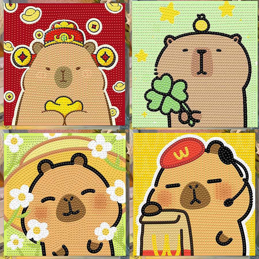 Embroidery Art - ภาพวาดตกแต่งคริสตัลเพชรลายการ์ตูนคาปิบารา พร้อมกรอบ ภาพวาดศิลปะ 5D ชุดปักครอสติช DIY
